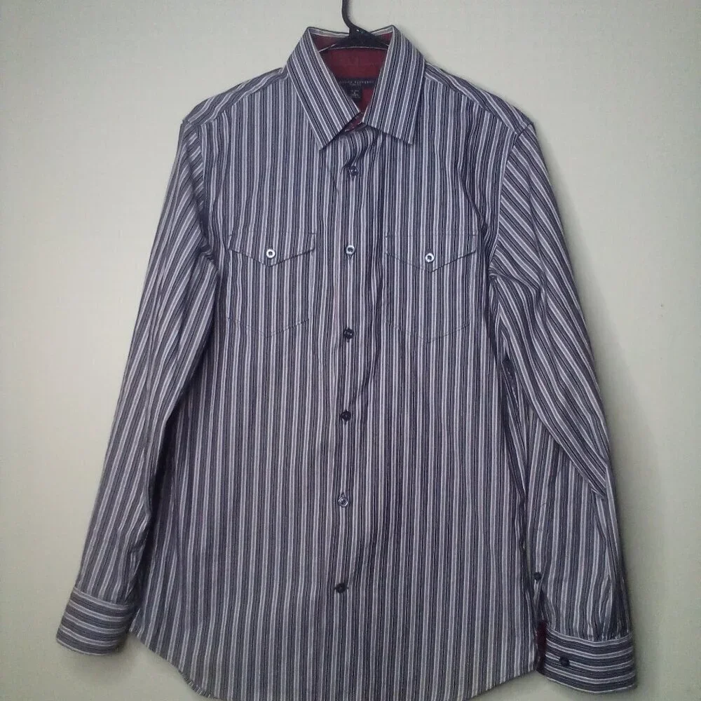 Banana Republic Shirt Men S 14 14 1/2 Slim Fit Button Up Pockets Stripe Gray Red
